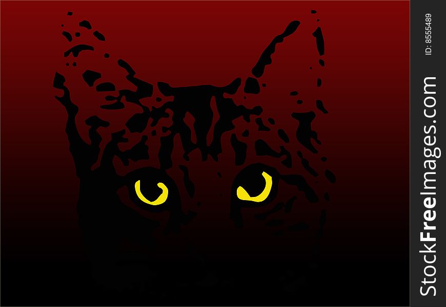 Illustrated cat with yellow eyes on dark red background. Illustrated cat with yellow eyes on dark red background