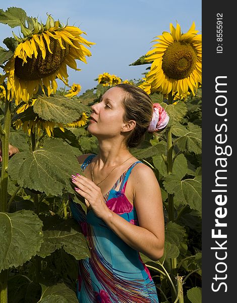 Young woman between big sunflowers  at sunny day. Young woman between big sunflowers  at sunny day