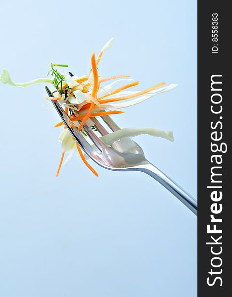 Carrot and celery salad in fork. close up