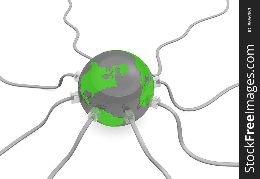 Green globe with internet cable on white background. Green globe with internet cable on white background