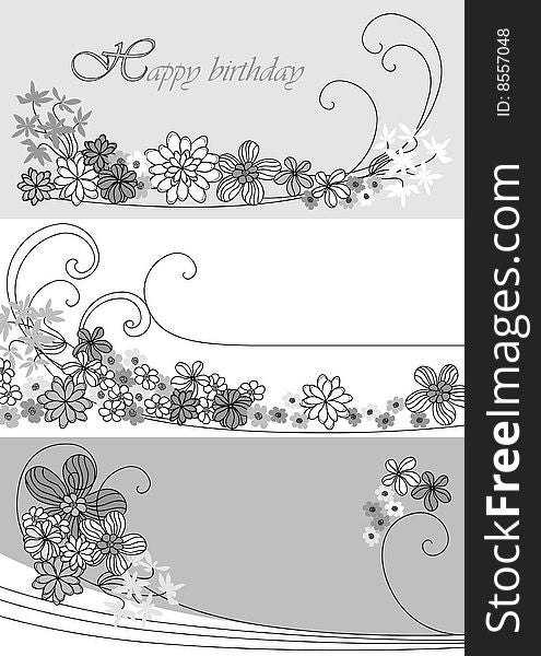 Three designs with black flowers drawing. Three designs with black flowers drawing