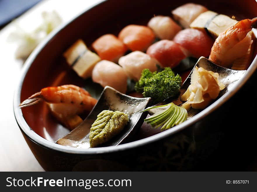 Japanese meal with Wasabi, Prawns and Fish