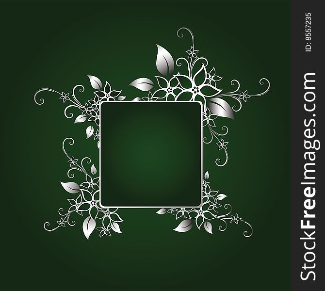 Silver floral frame on green background. Silver floral frame on green background