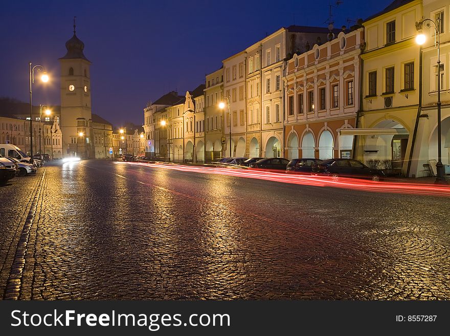 Old town square in Litomysl at night lighting. UNESCO heritage.