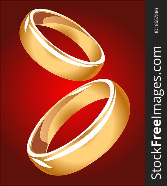 Stylized gold wedding rings on a red background.