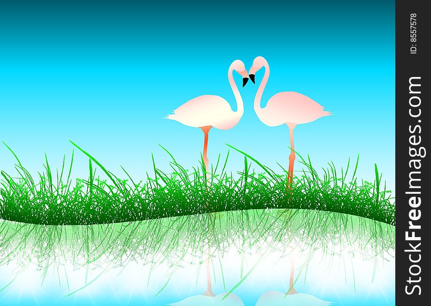 An illustration of two pink flamingo