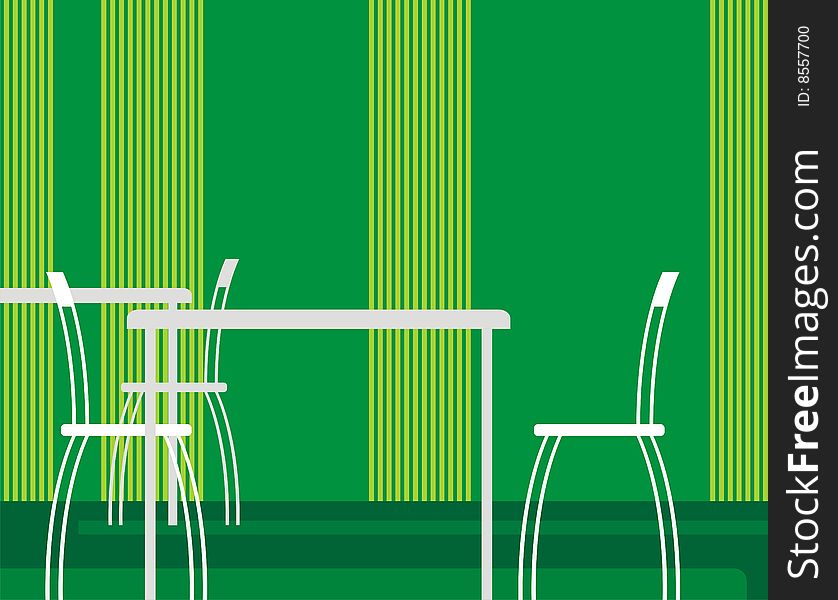 Decorative interior of cafe. On a distant wall vertical strips. In the foreground a table and chairs. Decorative interior of cafe. On a distant wall vertical strips. In the foreground a table and chairs.