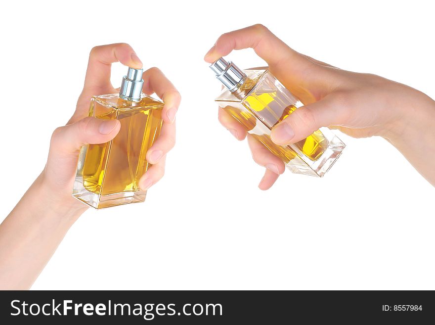 Perfume bottles in hands. Series