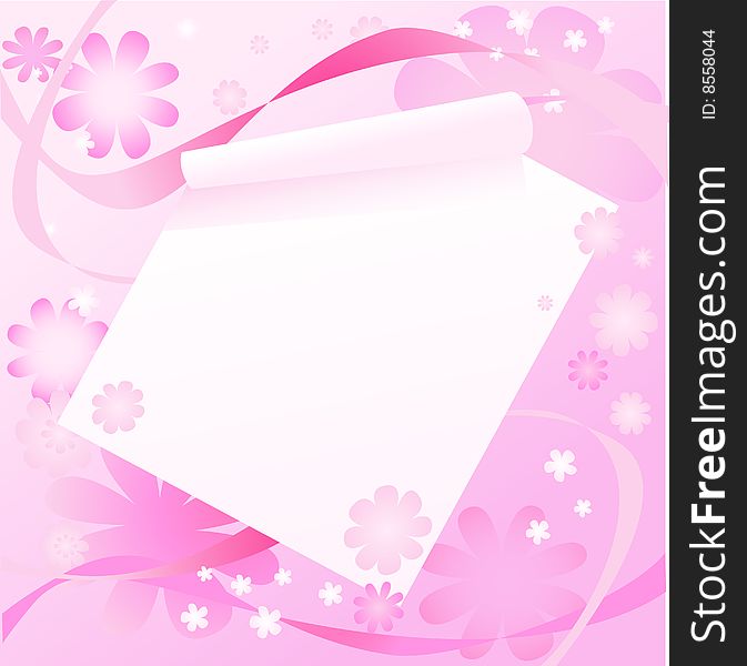 White sheet of a paper with the twirled corner on a pink
 background with flowers. White sheet of a paper with the twirled corner on a pink
 background with flowers