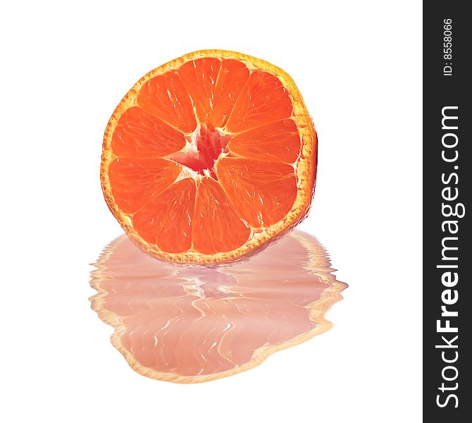 Part of an orange with reflexion isolated over white background. Part of an orange with reflexion isolated over white background