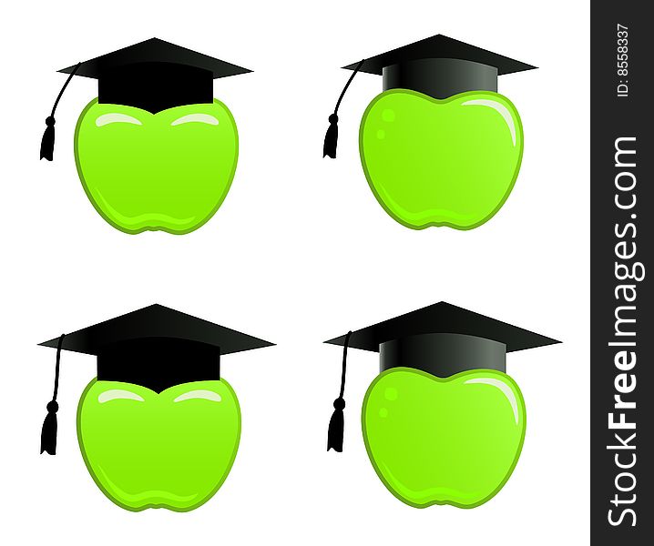 Green apple in graduation cap. Four different pictures: in the big and small caps.