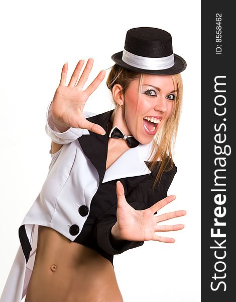 Sexy woman with small top hat and theatrical costume. Sexy woman with small top hat and theatrical costume