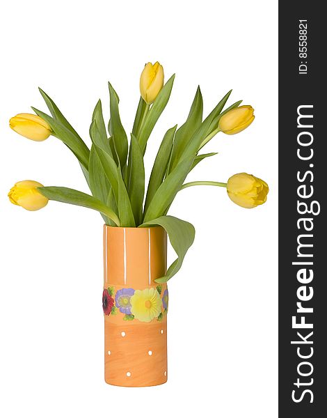 Beautiful spring yellow flowers in orange vase isolated on white. Beautiful spring yellow flowers in orange vase isolated on white