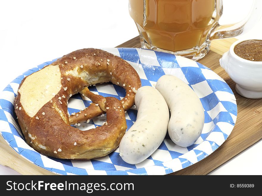 Bavarian veal sausage with mustard, pretzel and beer