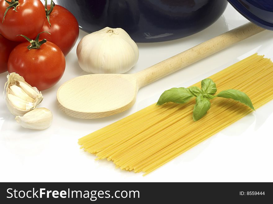 Spaghetti with ingredients of tomato sauce. Spaghetti with ingredients of tomato sauce