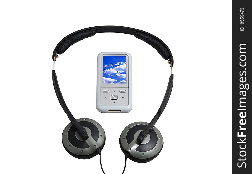 A black headphone and a white MP3. A black headphone and a white MP3