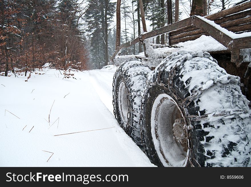 Truck in Mountains. Winter. Chain wheel. Truck in Mountains. Winter. Chain wheel.