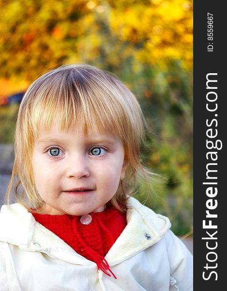 Cute little girl and yellow autumnal leaf. Cute little girl and yellow autumnal leaf