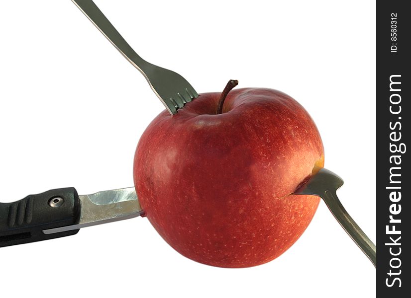 Red Apple With Knife, Spoon And Fork