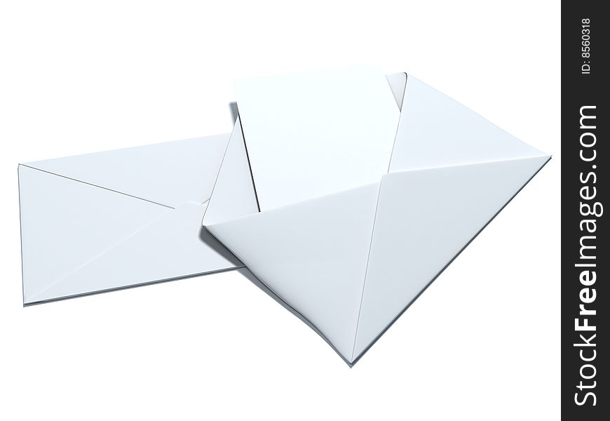Two white envelopes, one is opened and with empty sheet of paper inside. Two white envelopes, one is opened and with empty sheet of paper inside