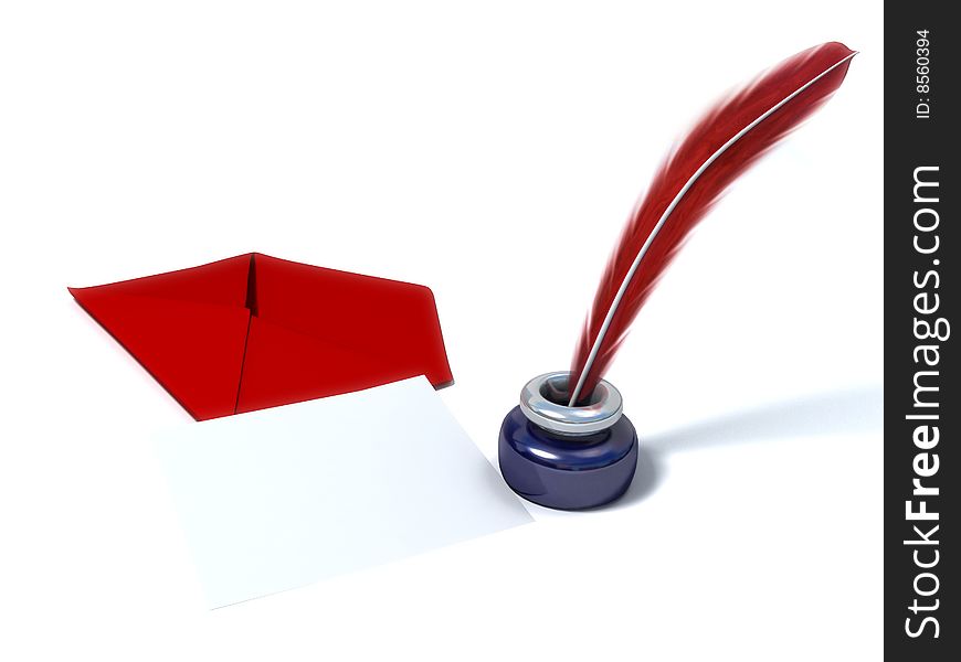 Inkstand with a quill near red envelope and empty sheet of paper