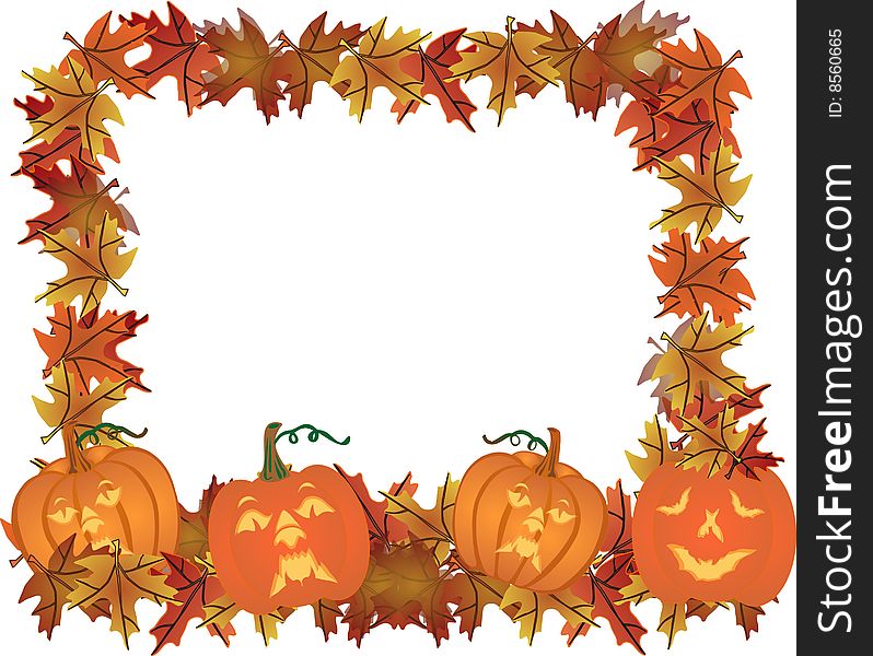 Fall leaves and  carved pumpkins forming a frame for your text, in a colorful illustration. Fall leaves and  carved pumpkins forming a frame for your text, in a colorful illustration..