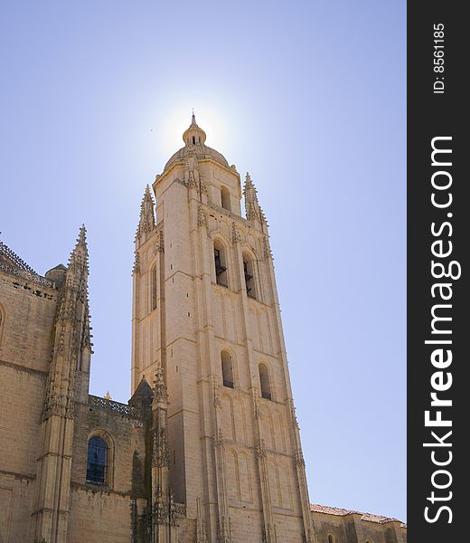 View of Segovia's Cathedral against sun. View of Segovia's Cathedral against sun