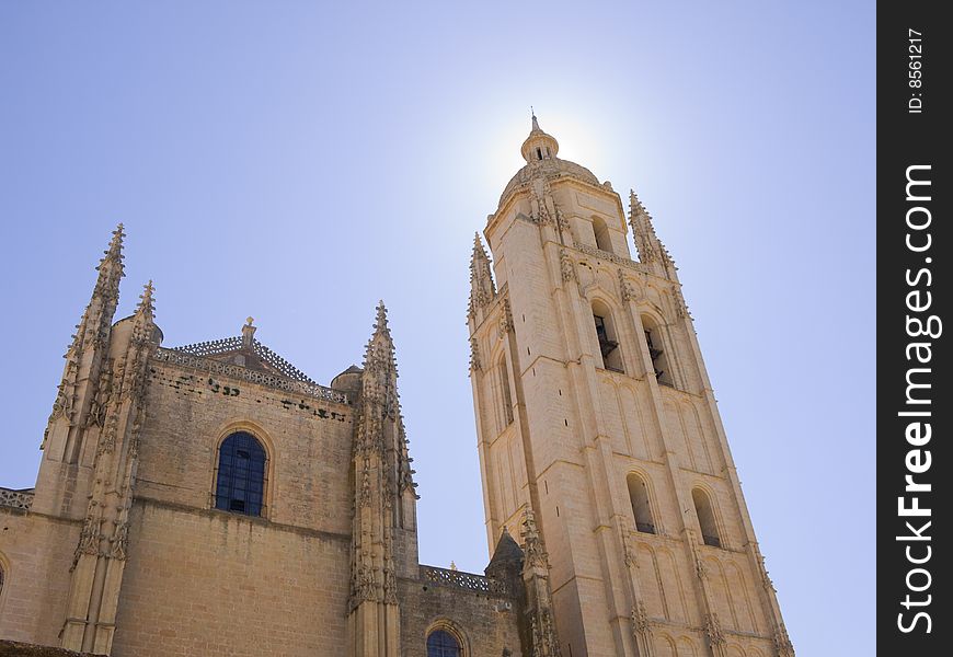 View of Segovia's Cathedral against sun. View of Segovia's Cathedral against sun