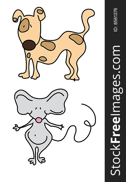 An illustration of mouse and dog. An illustration of mouse and dog