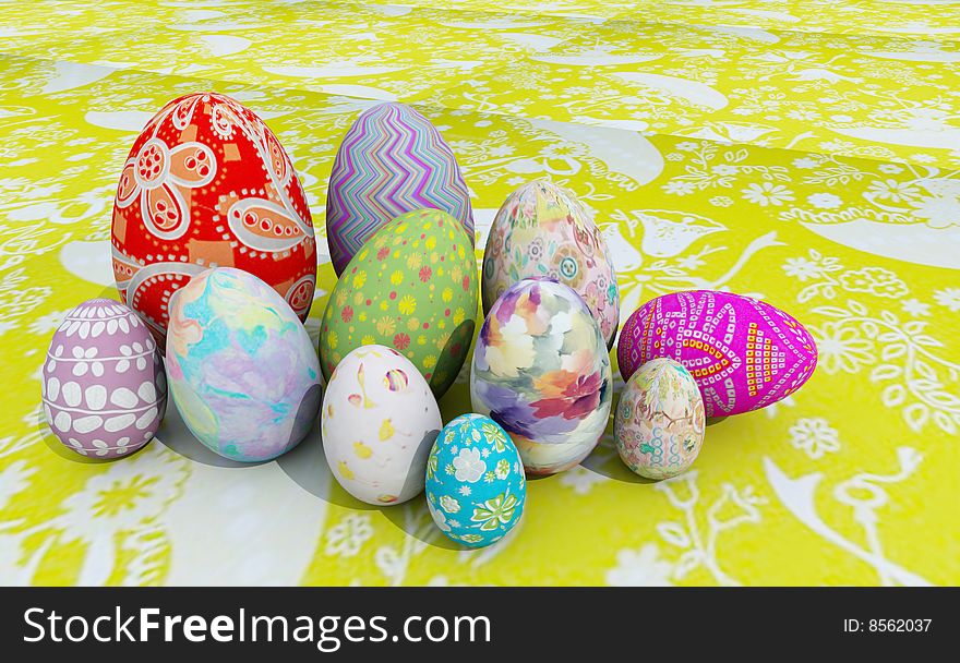 Easter eggs on table cloth