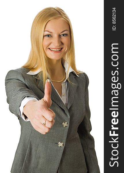 Businesswoman show thumb up sign isolated over white with clipping path