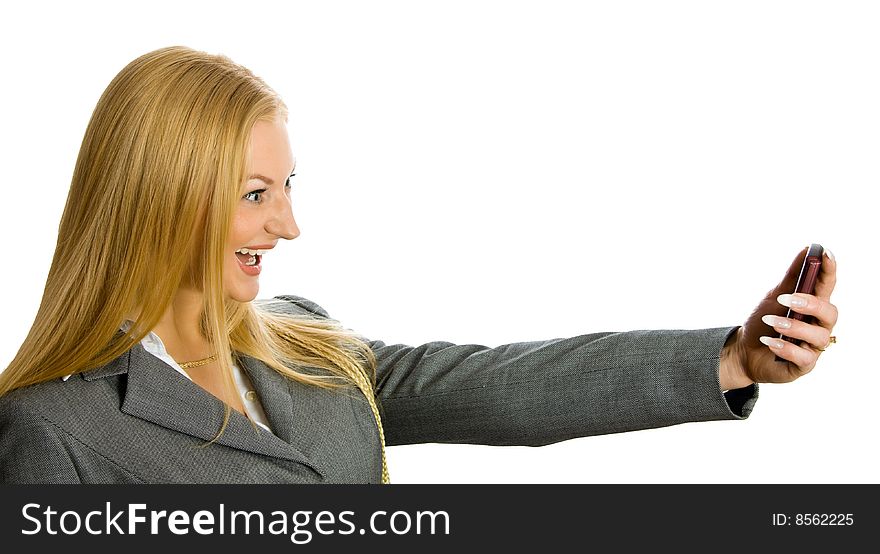 Portrait of crazy blonde with a mobile phone isolated over white with clipping path