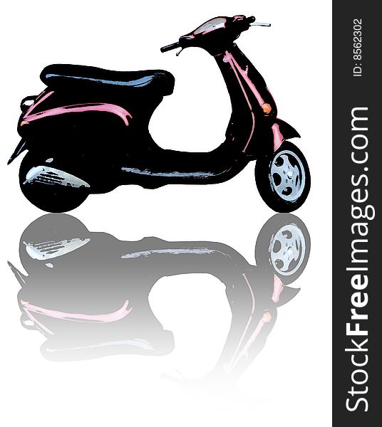 Scooter illustration in red-black-blue tones with reflection. Scooter illustration in red-black-blue tones with reflection