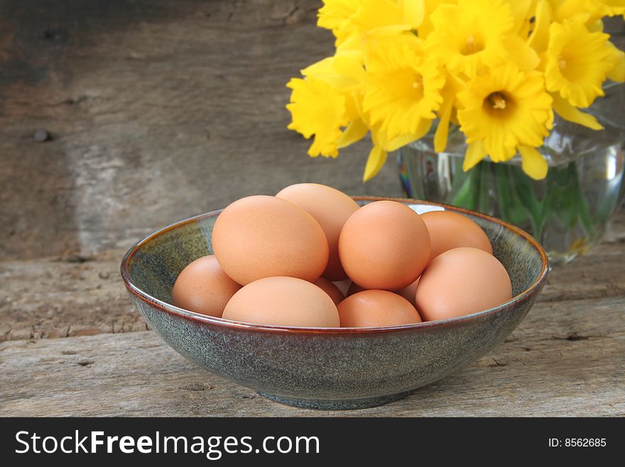 Bowl of brown eggs ready to be cooked or colored for Easter. An arrangement of daffodils in the background and room for copy space.