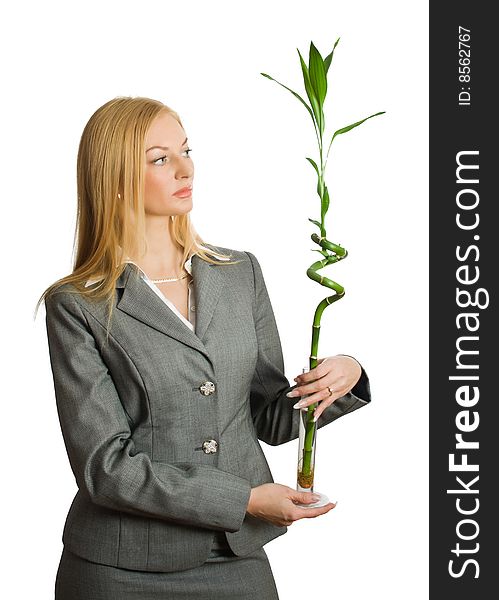 Pretty businesswoman with bamboo isolated over white with clipping path