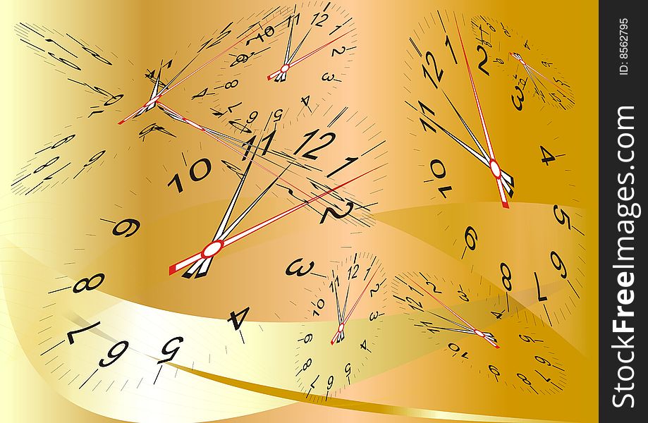 The several clocks - gold background. The several clocks - gold background.