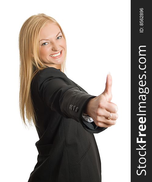 Businesswoman show thumb up sign isolated over white with clipping path