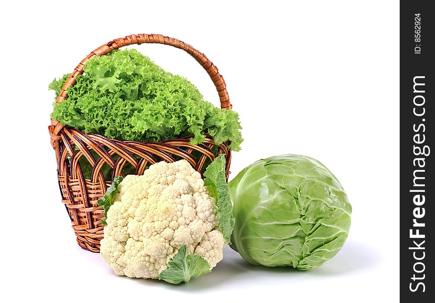 Basket with lettuce,cabbage and cauliflower. Basket with lettuce,cabbage and cauliflower