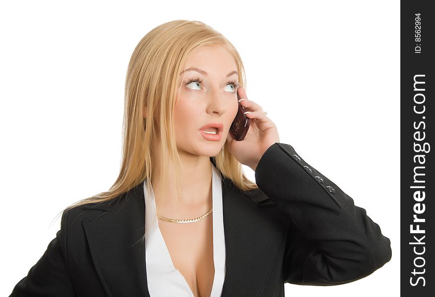 Calling businesswoman isolated over white with clipping path
