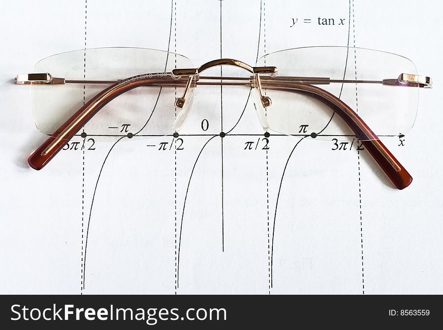 A pair of glasses on a maths teach book. A pair of glasses on a maths teach book