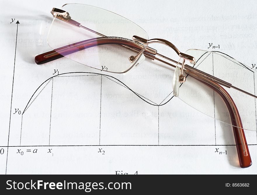 A pair of glasses on a maths teach book. A pair of glasses on a maths teach book