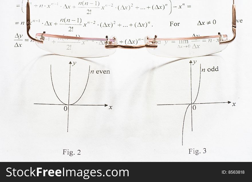 A pair of glasses on a maths teach book. A pair of glasses on a maths teach book