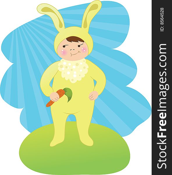 Happy kid in a costume of easter bunny, holding a carrot. vector is also available