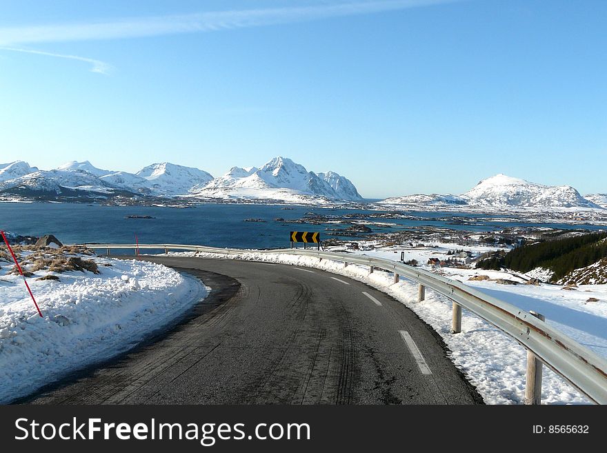 Dangerous turn left on einangen pass, Lofoten islands, norwegian arctic region. Dangerous turn left on einangen pass, Lofoten islands, norwegian arctic region