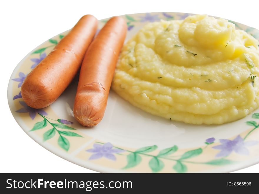 Boiled sausages and  mashed potato. Boiled sausages and  mashed potato