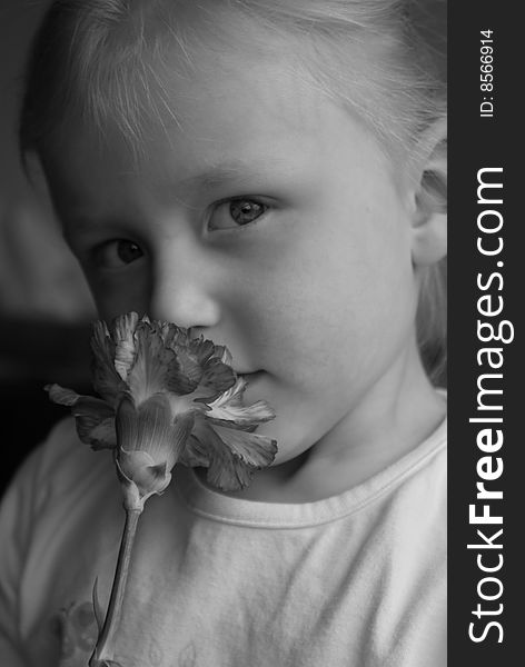 Beautiful young girl smelling a carnation. Beautiful young girl smelling a carnation.