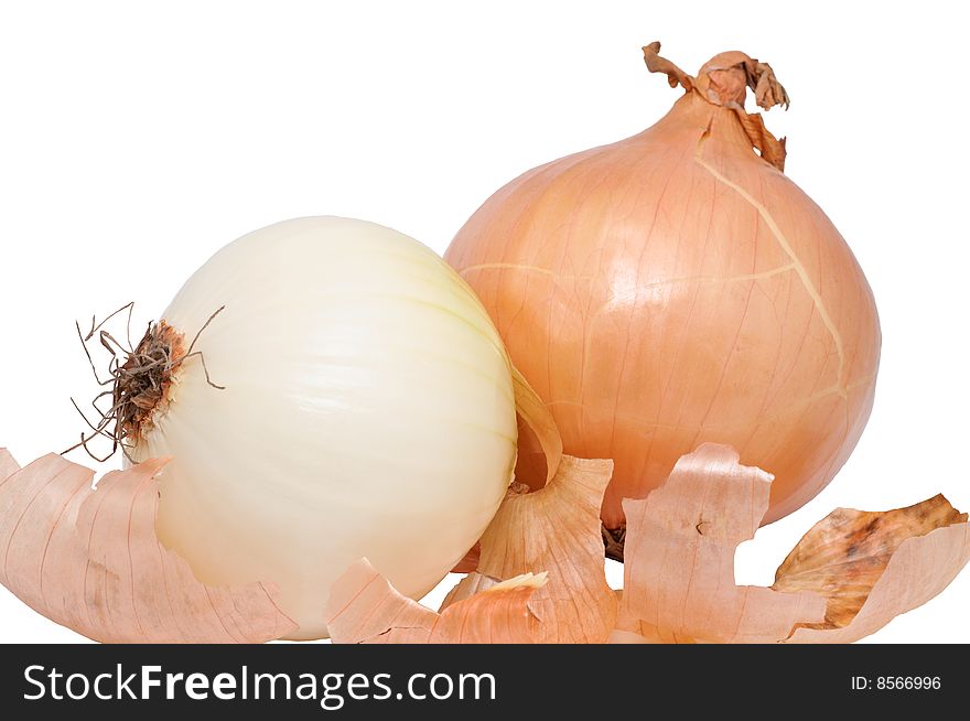 Pair of onions, one is peeled. on white background