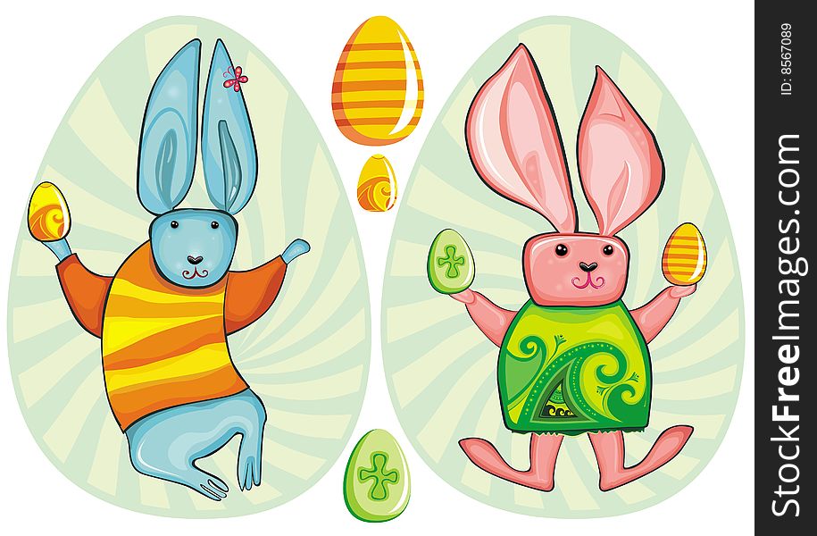 Vector Easter Bunnies in eggs - cute characters