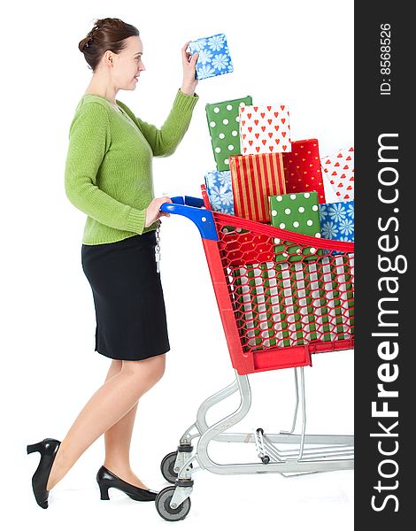 A woman shopping for gifts on a white background. A woman shopping for gifts on a white background