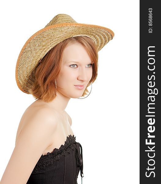 Girl in a straw hat on white